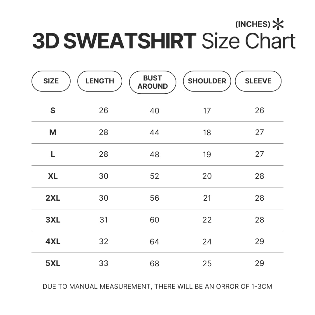 3D Sweatshirt Size Chart - Assassination Classroom Store