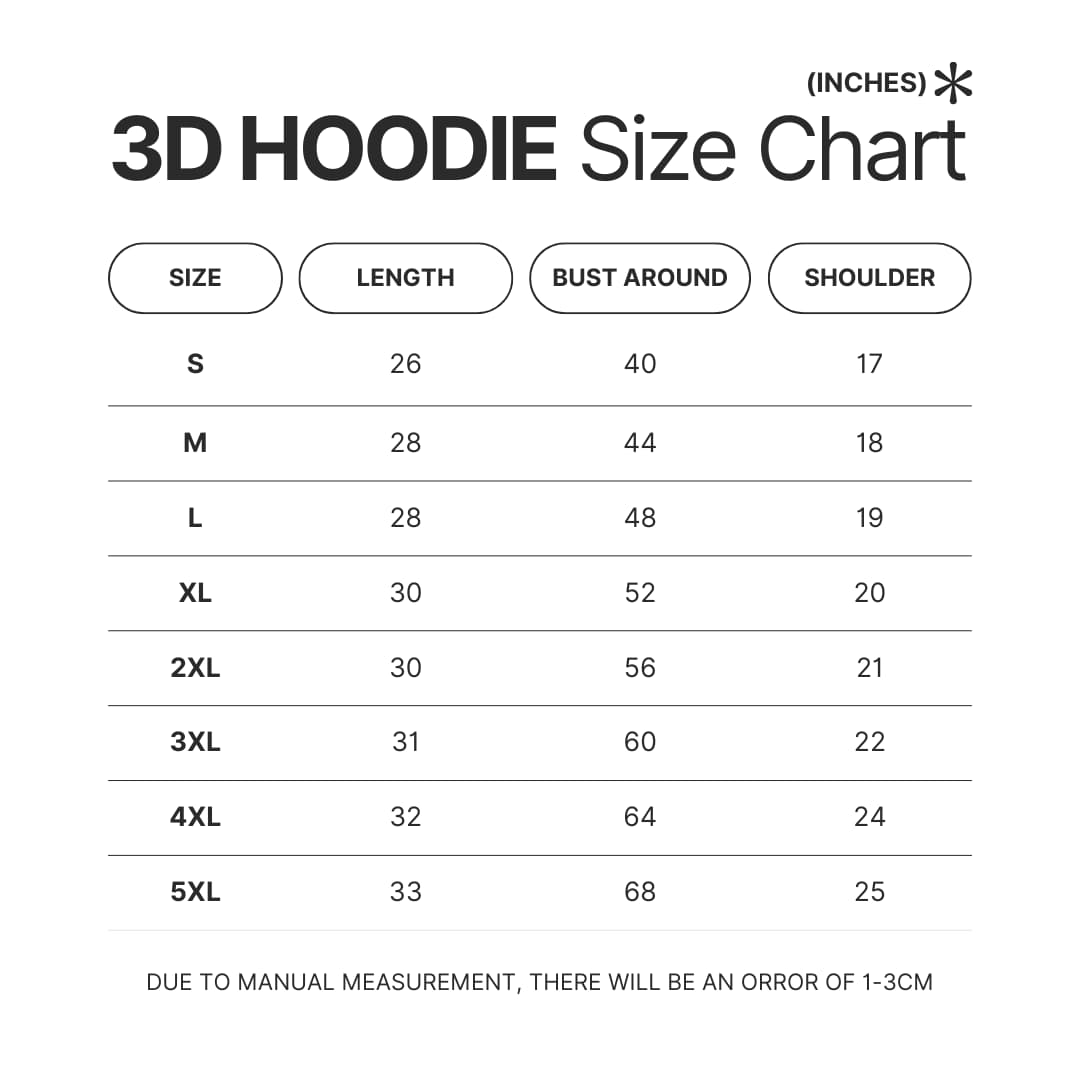 3D Hoodie Size Chart - Assassination Classroom Store