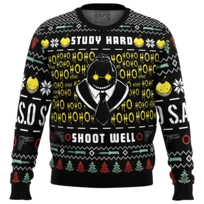 Study Well Shoot Hard Assassination Classroom Ugly Christmas Sweater FRONT mockup - Assassination Classroom Store